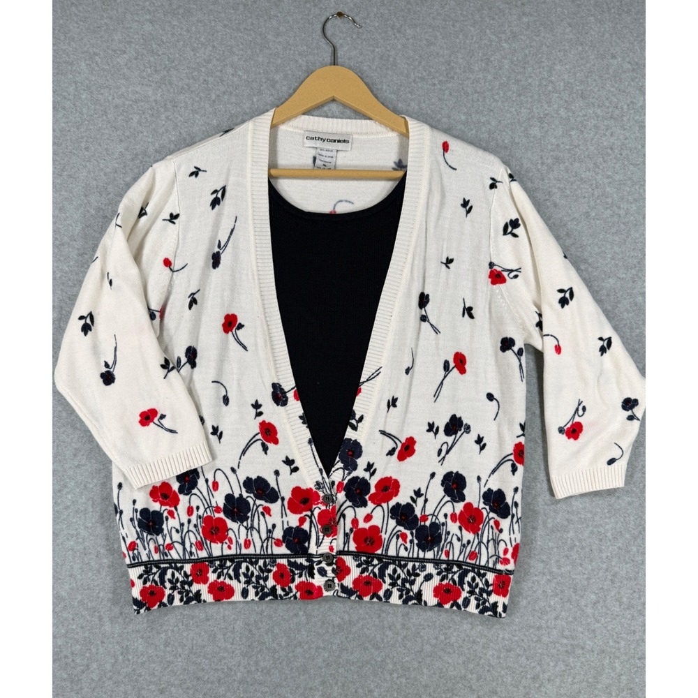 Cathy Daniels XL Cardigan Floral Poppy Print Acrylic 3/4 Sleeve Sweater